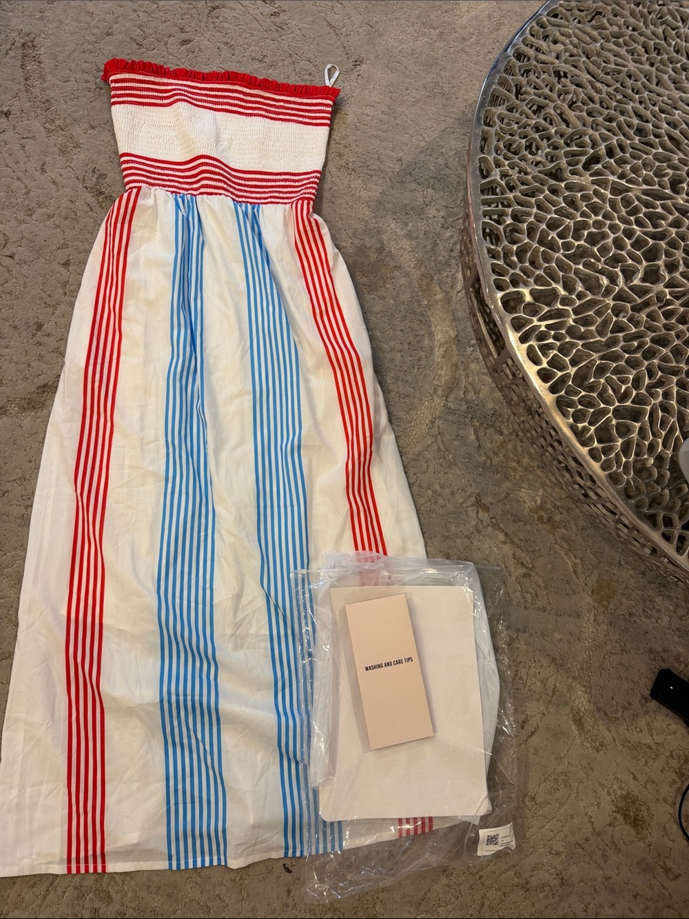 Smocked Strapless Maxi Dress in White with Red & Blue Stripes